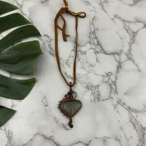 Hand Made Copper Pendant Necklace Dark Stone Heart Leather Cord Boho